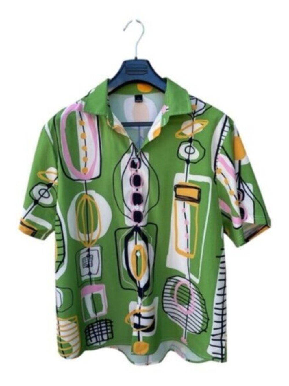 Retro Mid-Century Modern Atomic Print Button Down Shirt Green 3XL